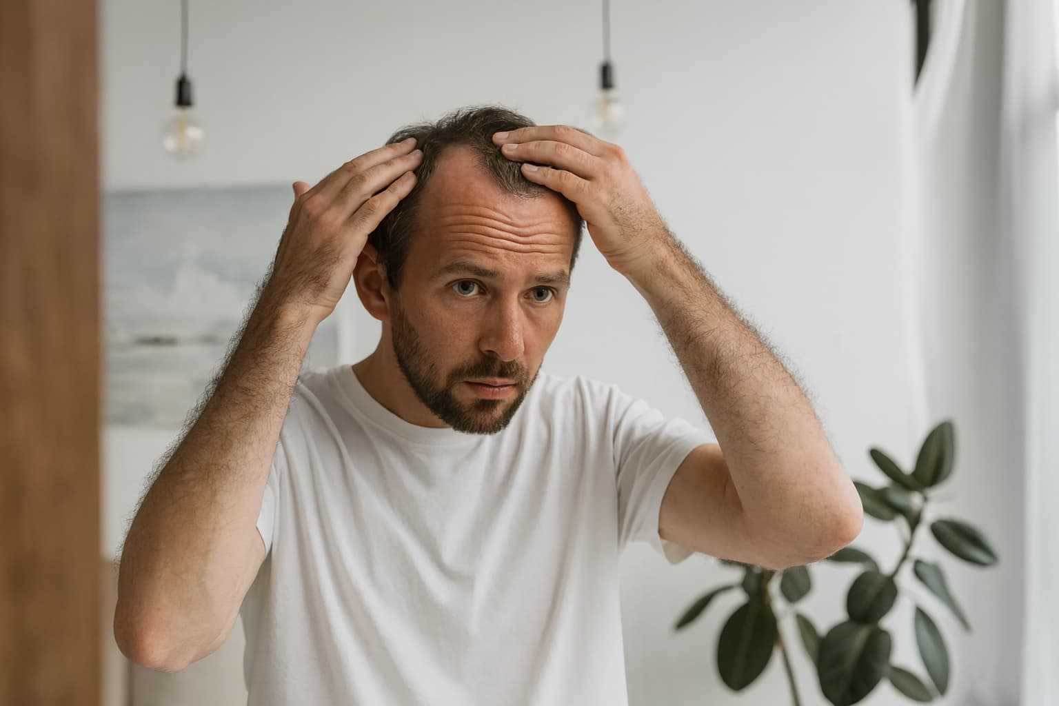 Man som undersöker sin vikande hårfäste i spegeln – tidiga tecken på manligt håravfall och androgen alopeci, med information och behandling via Doktera.