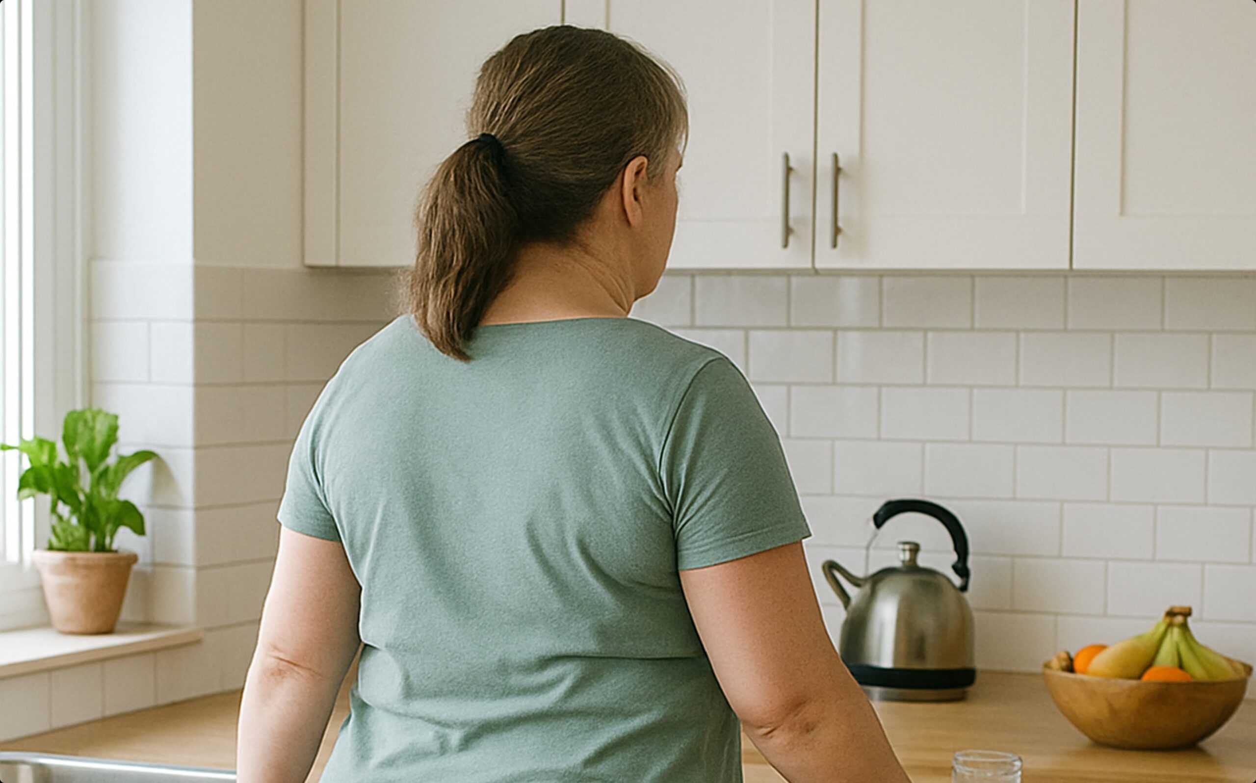 Kvinna med ryggen mot kameran står i köket – artikel om GLP-1 och ätbeteende, och varför hunger och sötsug minskar under behandling hos Doktera.se