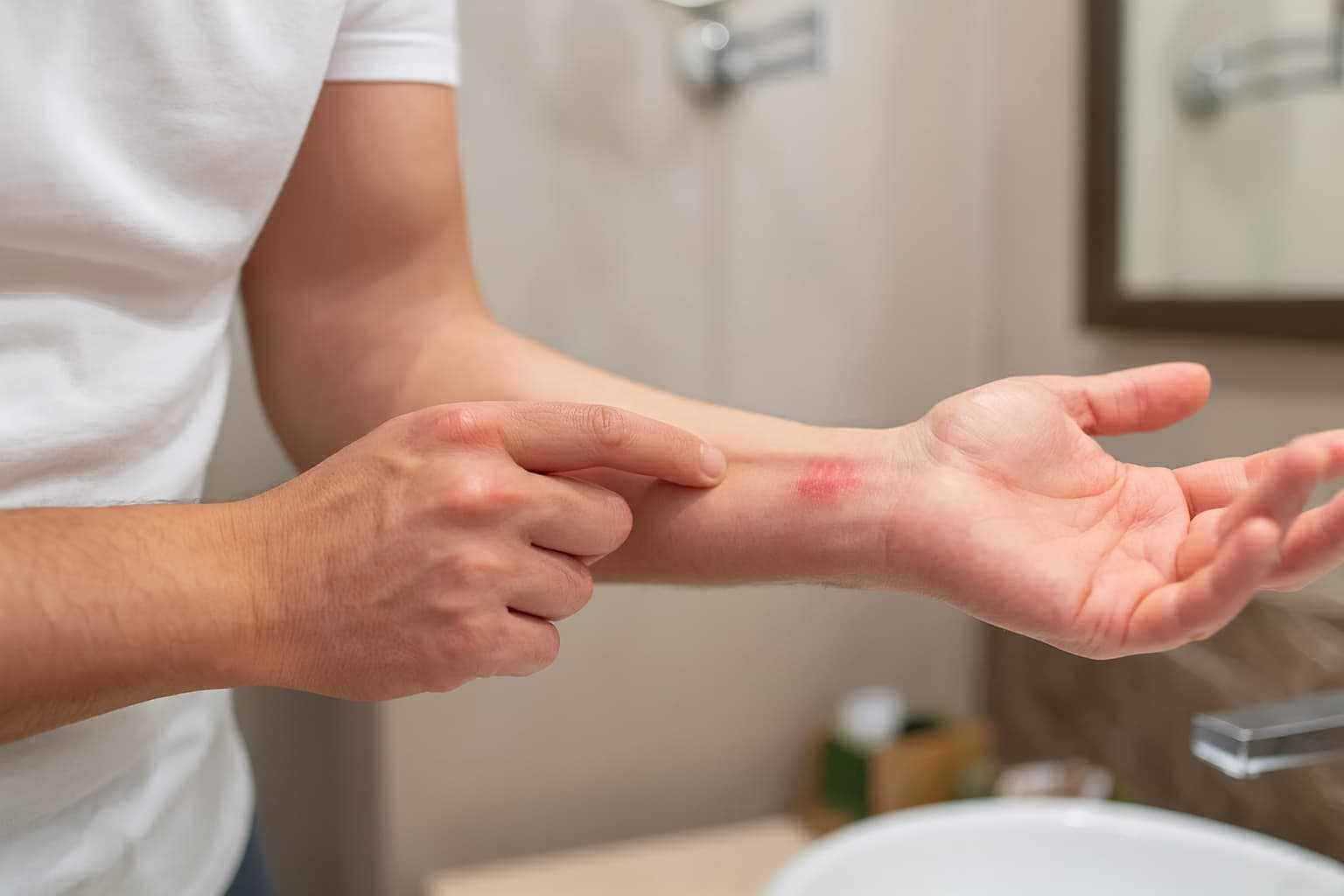 Person visar röd, fjällande hud på underarmen – typiskt utslag vid hudsvamp. Bild till artikeln Vanliga frågor om hudsvamp med information om symtom, behandling och hur du kan söka vård online hos Doktera.