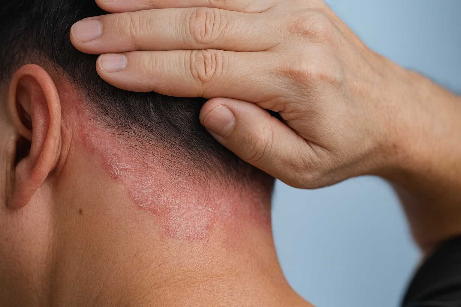 Närbild av psoriasis i hårbotten med röd, fjällande hud – typiskt symtom vid psoriasis vulgaris, hårbottenpsoriasis, plackpsoriasis och seborroisk dermatit. Bild för Doktera om vanliga frågor och behandling av psoriasis online.